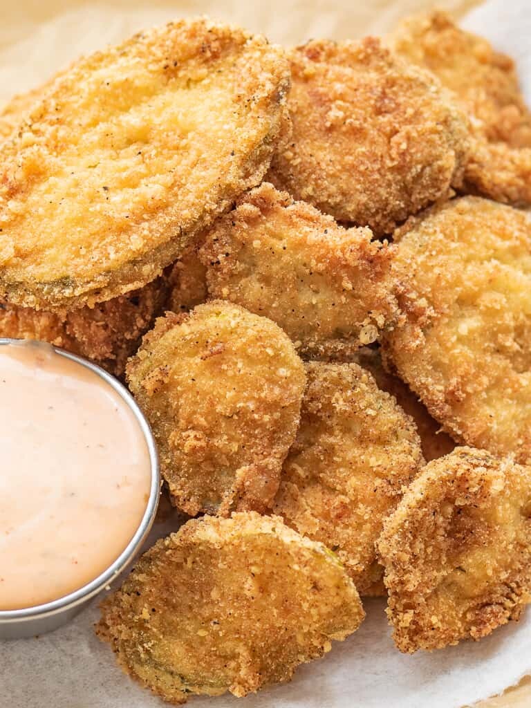 Low Carb, Keto Fried Pickles with Chili Ranch Dipping Sauce