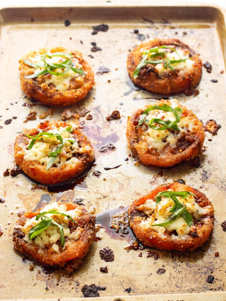 Low Carb, Keto Fried Tomatoes - Mozzarella, Basil & Balsamic Reduction