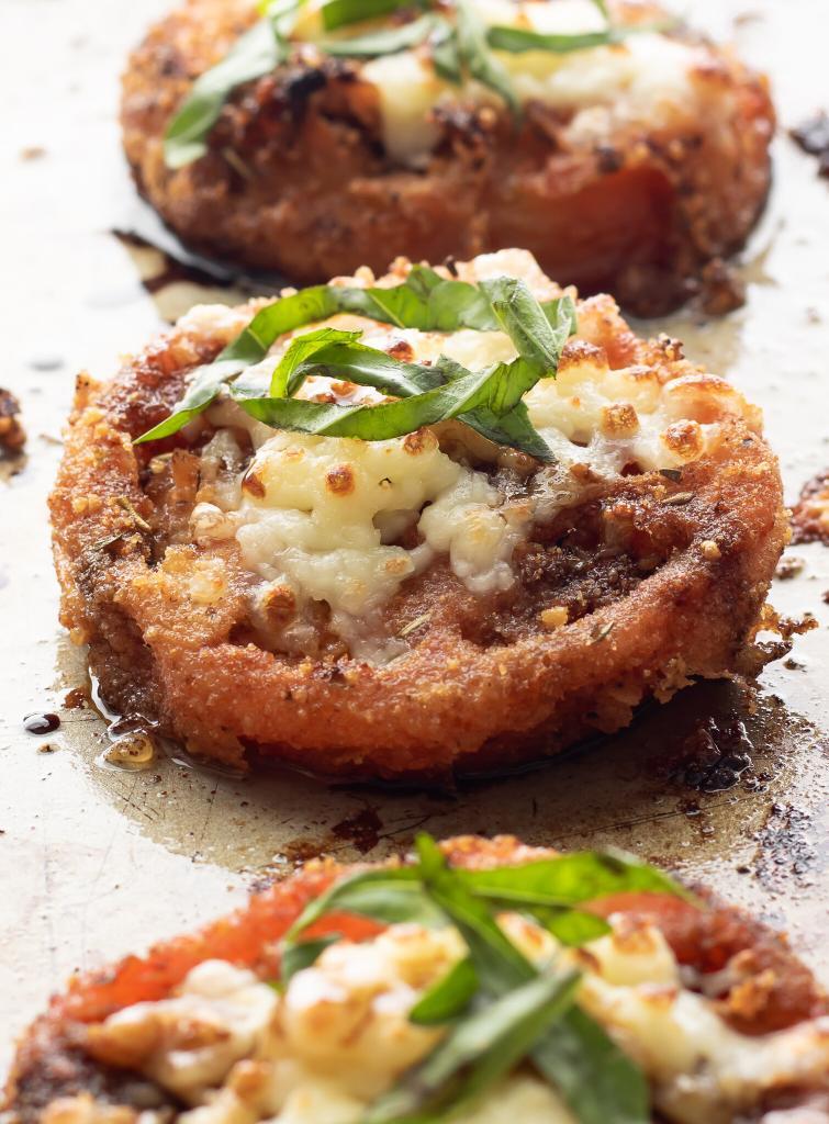 Low Carb, Keto Fried Tomatoes - Mozzarella, Basil & Balsamic Reduction