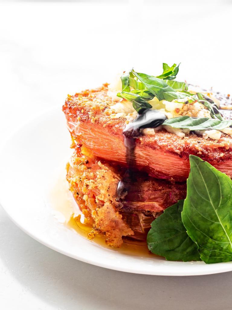 Low Carb, Keto Fried Tomatoes - Mozzarella, Basil & Balsamic Reduction