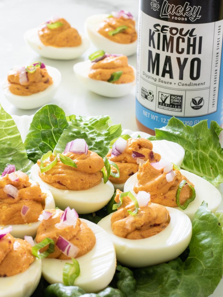 These Korean kimchi keto deviled eggs are a spicy and flavorful twist on traditional deviled eggs. Made with only four ingredients (plus S&P), they a super simple, naturally low carb and keto-friendly appetizer or snack.