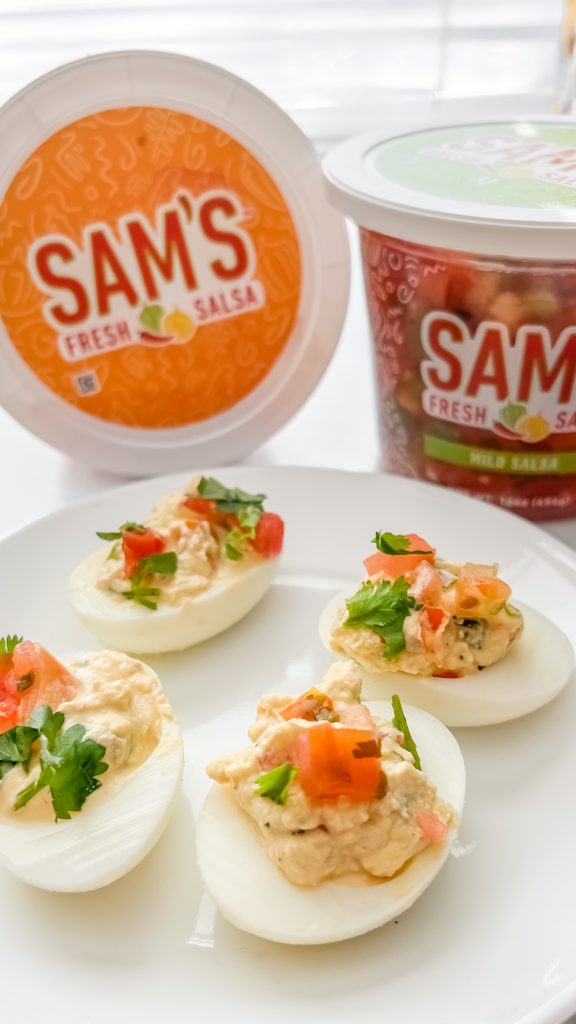 These salsa deviled eggs are a fun twist on traditional deviled eggs. Fresh pico-de-gallo-style salsa gives them some fresh flavors and a little kick!